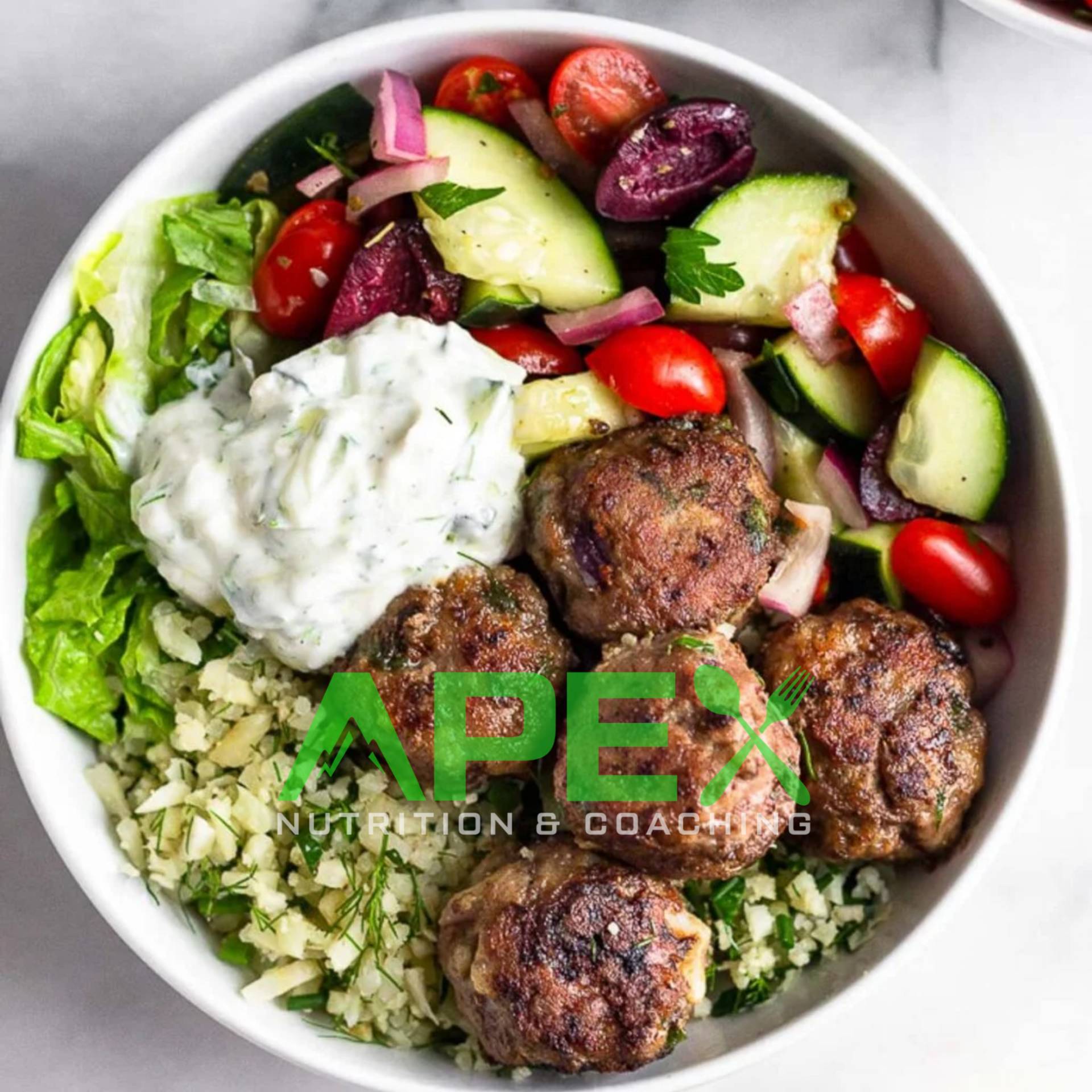 Greek Meatballs with Greek Salad and Cauliflower Rice