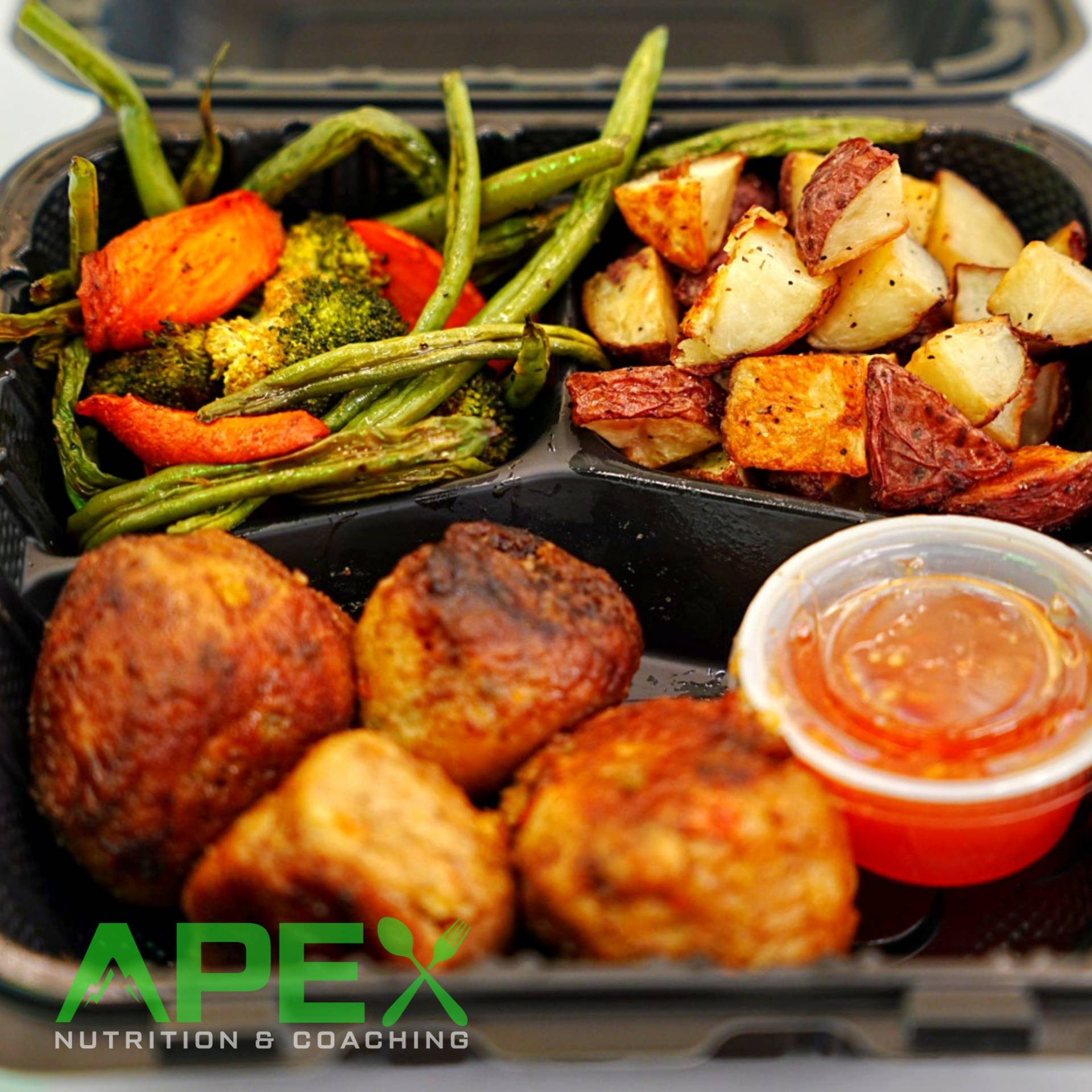 Hot Mambo Meatballs w/Potatoes & Mixed Veggies
