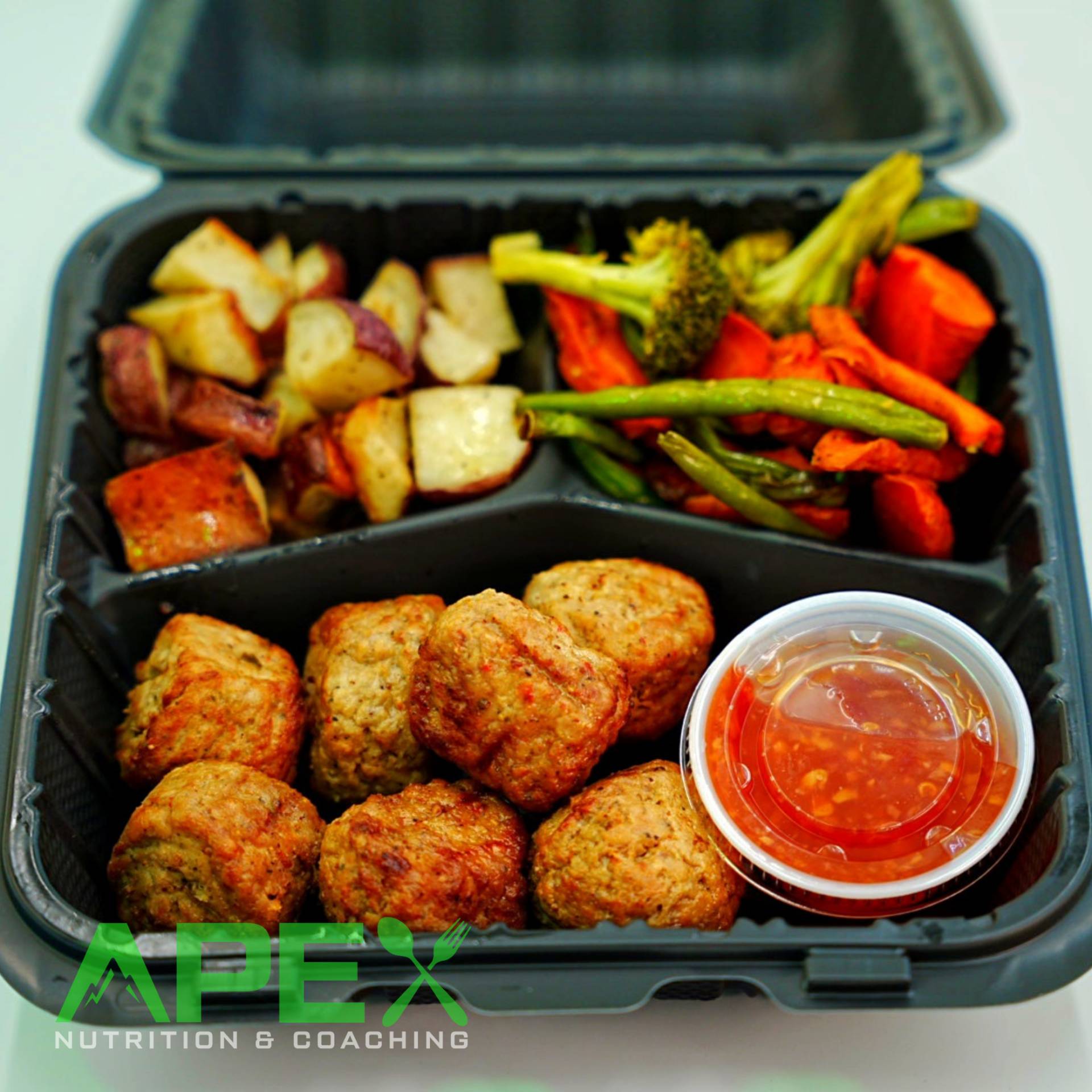 Spicy Red Chili Meatballs w/Potatoes & Mixed Veggies