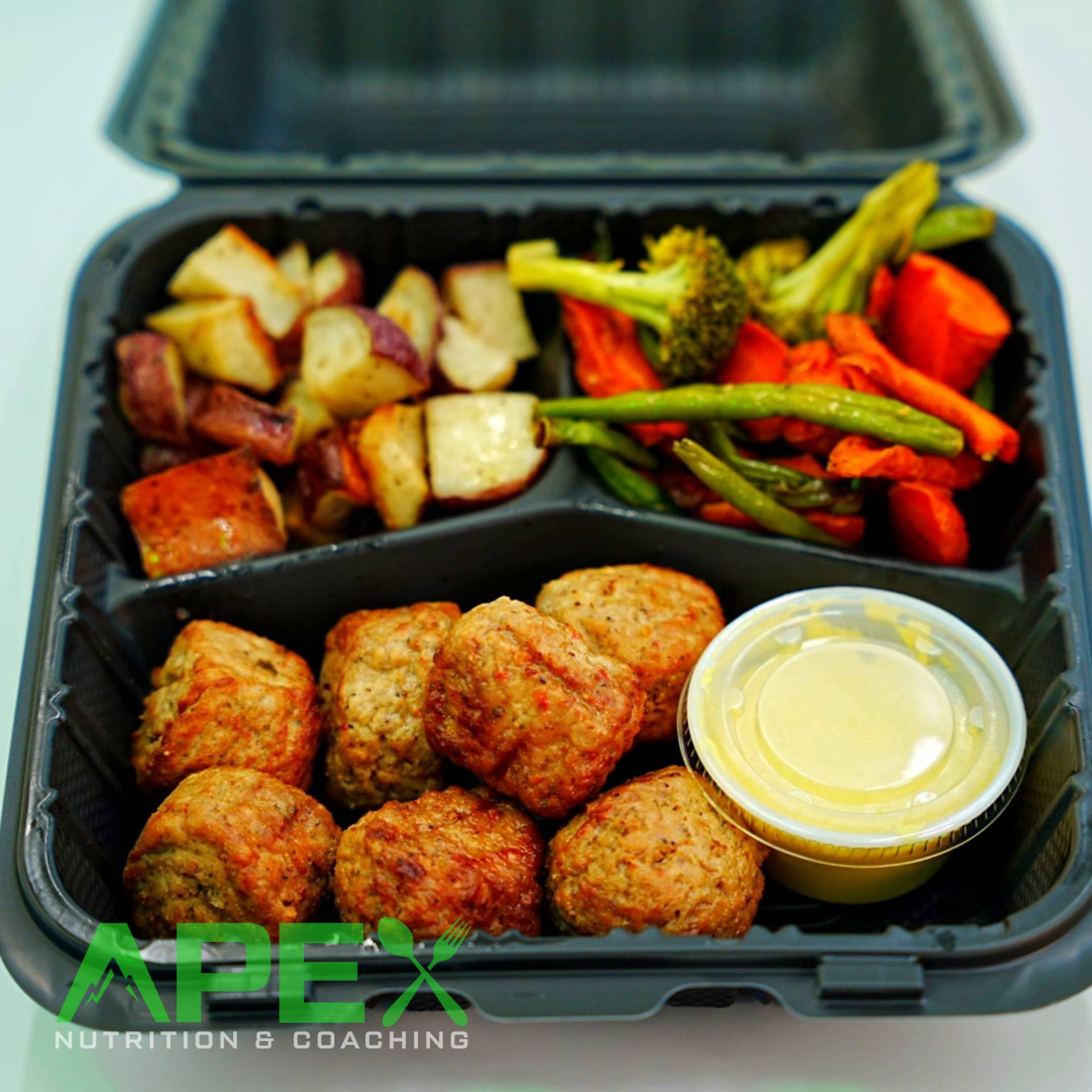 Golden BBQ Meatballs w/Potatoes & Mixed Veggies